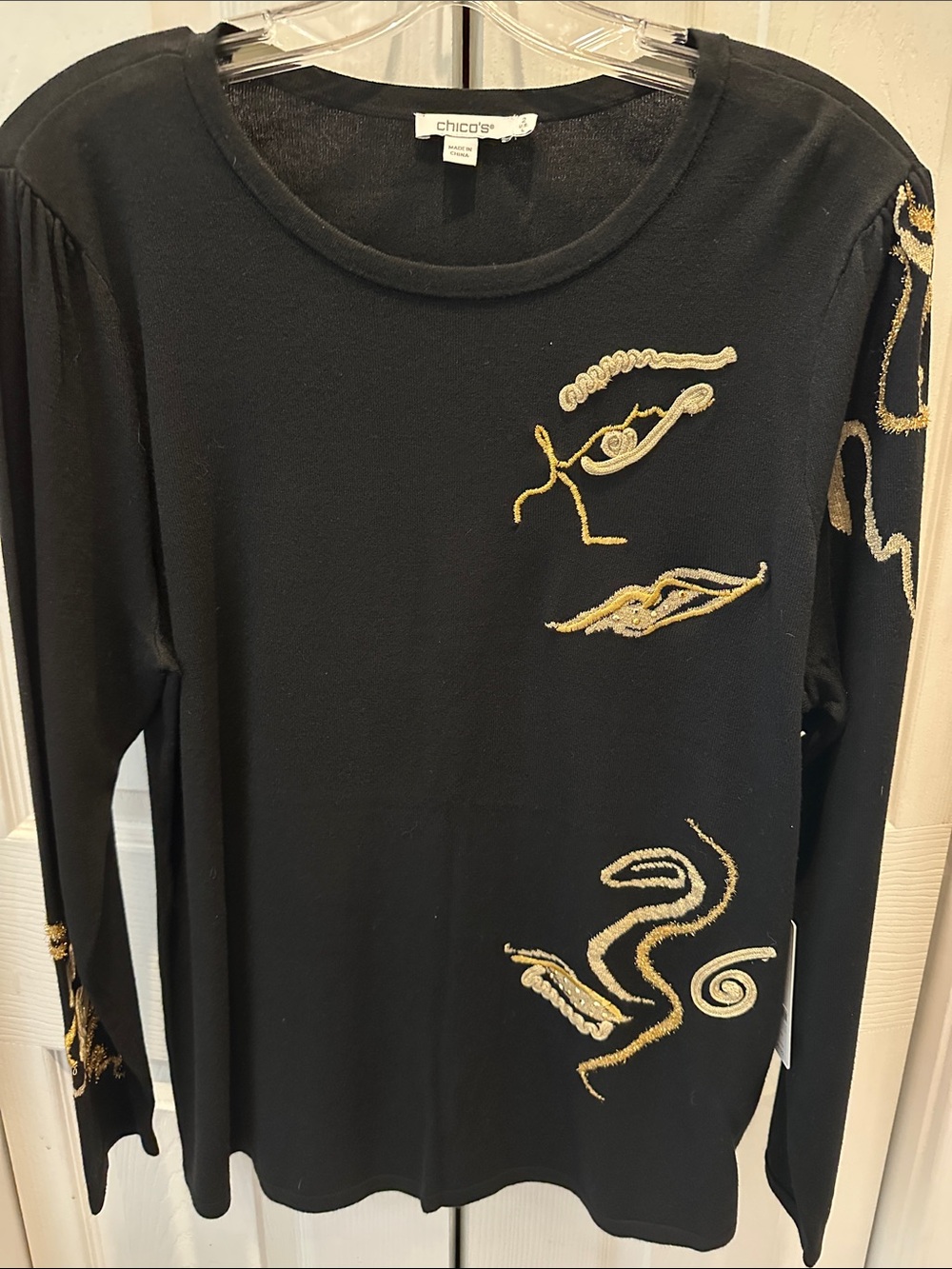 Chico's Black Long-Sleeve Sweater with Gold Embroidered Abstract Motifs